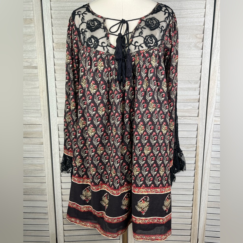 FREE PEOPLE Nomad Child Black Lace & Floral Print Mini Dress Bell Sleeves-Medium